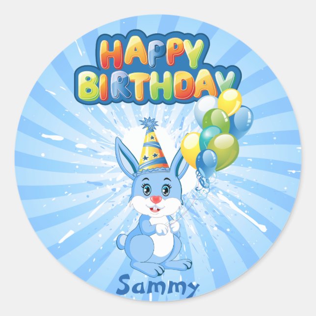 Blue Bunny Birthday Cartoon Classic Round Sticker (Front)