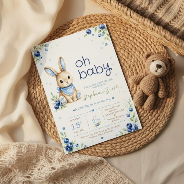 Blue Bunny Boy Baby Shower Invite (Charming watercolor baby shower invitation featuring an adorable bunny)
