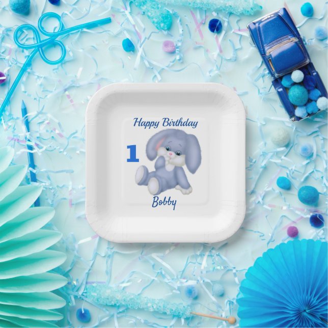 Blue Bunny Boys 1st Birthday Personalize Name Age Paper Plate (Party)