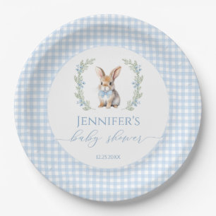 Blue bunny Easter rabbit gingham baby boy shower Paper Plate