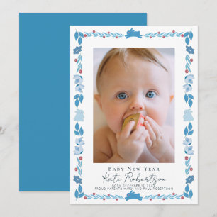 Blue Bunny Folk Art Baby New Year Photo Card