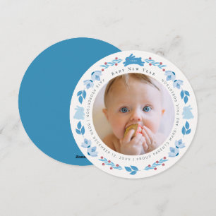 Blue Bunny Folk Art Bébé Nouvel An Carte photo