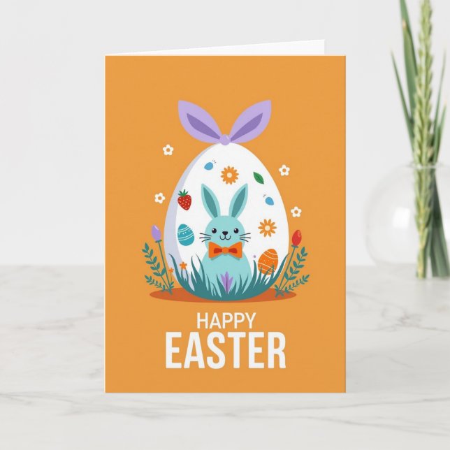 Blue Bunny Orange Bow Easter Card (Front)