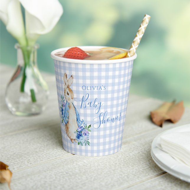 Blue Bunny Peter Plaid Personalized Baby Shower Paper Cups (Insitu)