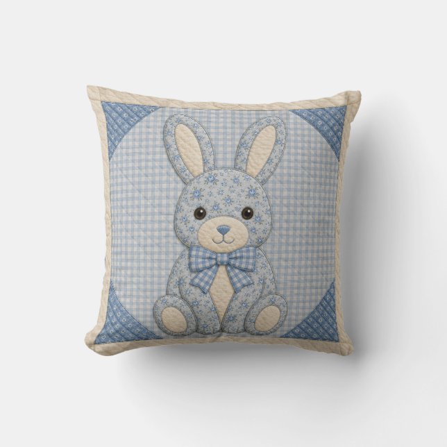 Blue Bunny Quilt Throw Pillow (Front)