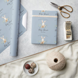 Blue Bunny Rabbit Boy Baby Shower Wrapping Paper