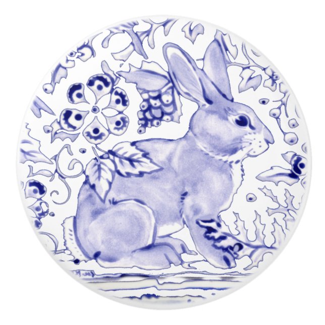 Blue Bunny Rabbit Floral Delft Dedham Ceramic Pull (Front)