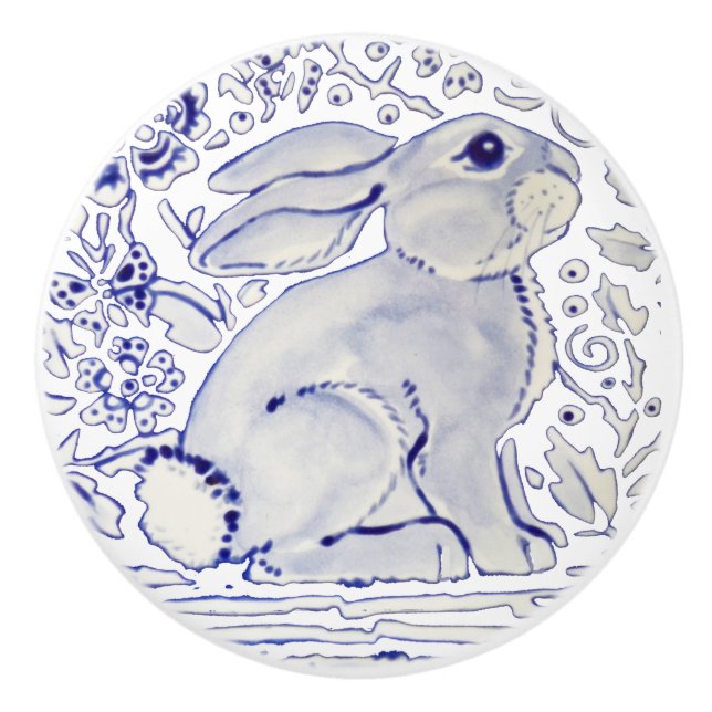Blue Bunny Rabbit Floral Delft Dedham Ceramic Pull (Front)