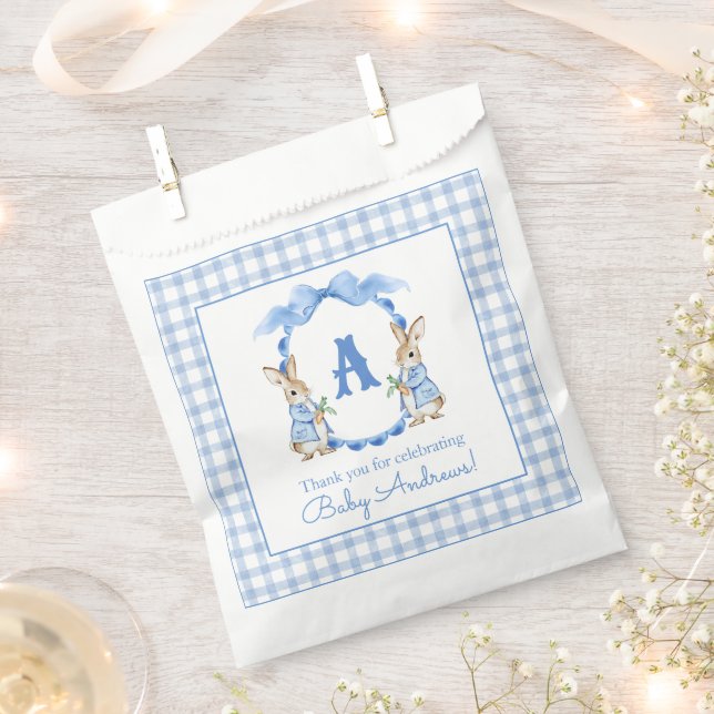 Blue Bunny Rabbit Gingham Monogram Crest Favour Bag (Clipped)