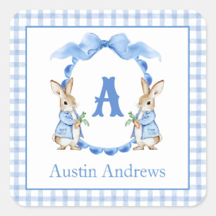 Blue Bunny Rabbit Gingham Monogram Crest Square Sticker