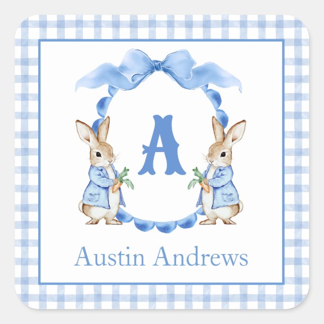 Blue Bunny Rabbit Gingham Monogram Crest Square Sticker (Front)
