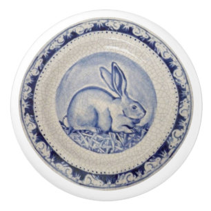 Blue Bunny Rabbit Plate Delft Dedham Ceramic Pull