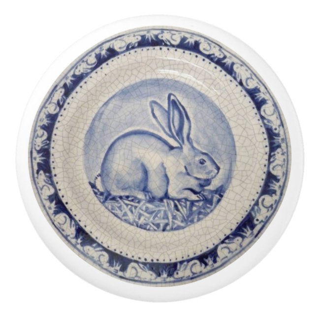 Blue Bunny Rabbit Plate Delft Dedham Ceramic Pull (Front)