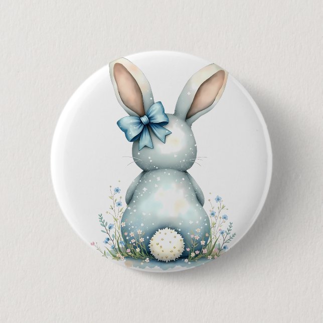 Blue Bunny Tail Cottontail Easter Bunny with Eggs 2 Inch Round Button (Front)
