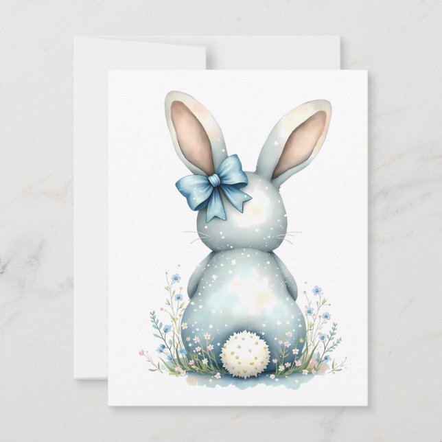 Blue Bunny Tail Cottontail Easter Bunny with Eggs Card (Front)