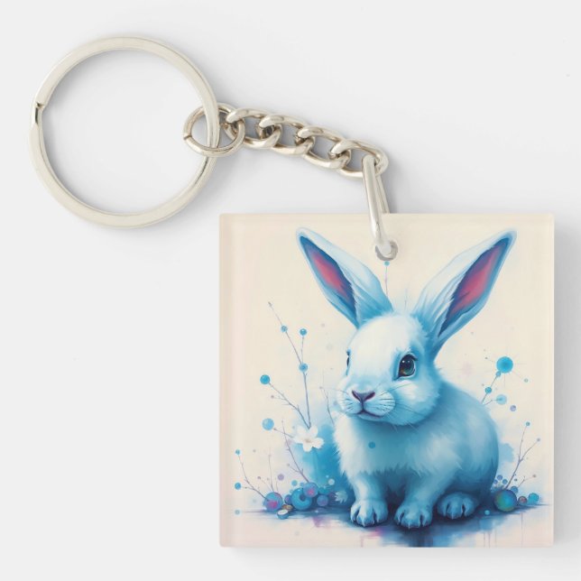 Blue Bunny Watercolor Artwork Keychain (Front)