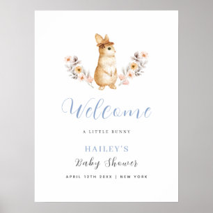 Blue Bunny Wildflower Welcome Baby Shower  Poster