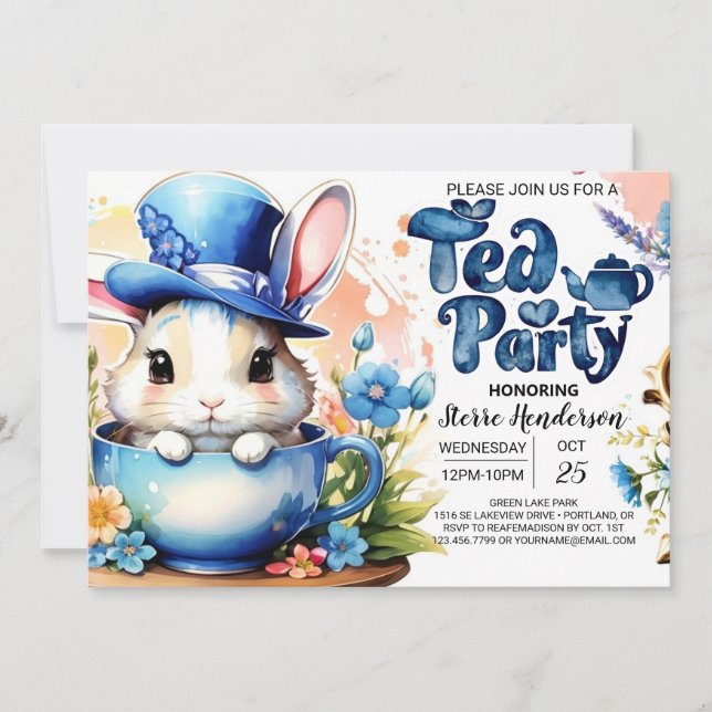 Blue Bunny Wonderland Tea Party Boy Baby Shower Invitation (Front)