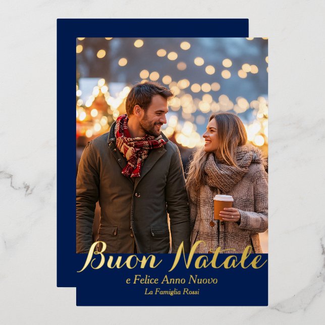 Blue Buon Natale e Felice Anno Nuovo Script Photo Foil Holiday Card (Front/Back)