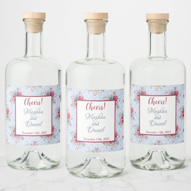 Blue Burgundy and Pink Floral Wedding Liquor Label (Bottles)