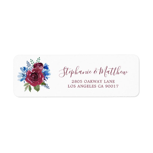 Blue Burgundy Aquarelle Florale Mariage Adresse (Devant)