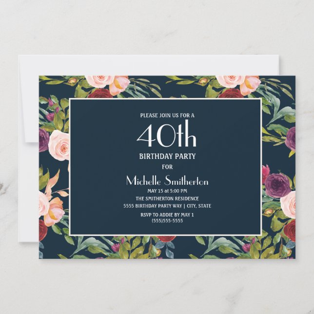 Blue Burgundy Blush Floral 40th Birthday Invitation (Front)