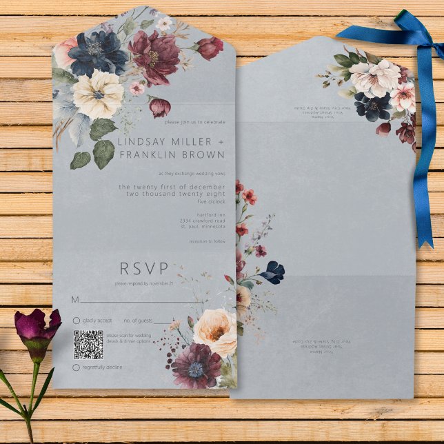 Blue Burgundy & Cream Rustic Floral Blue QR Code All In One Invitation (Blue Burgundy & Cream Rustic Floral Blue All In One Wedding Invitation with QR Code)