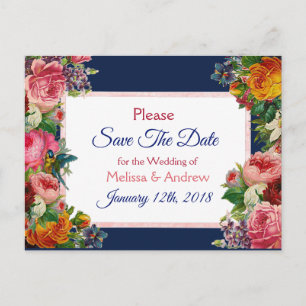 Blue Burgundy Floral Enregistrer la date Carte pos