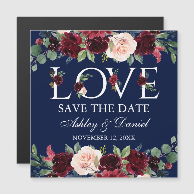 Blue Burgundy Floral Love Magnetic Save The Date (Front/Back)