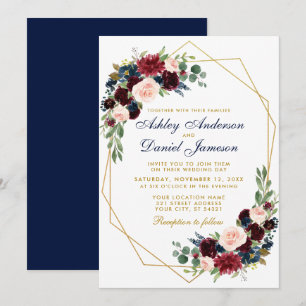 Blue Burgundy Floral  Wedding Geometric Gold Invitation
