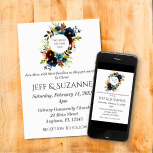 Blue Burgundy Floral Wreath Two Become One  Invitation