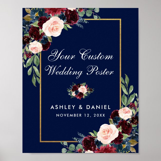 Blue Burgundy Gold Floral Wedding Custom Poster (Front)
