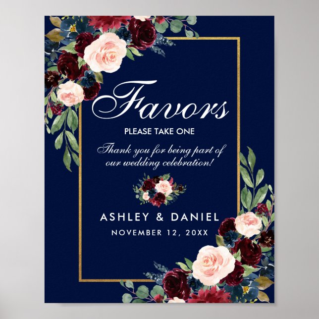 Blue Burgundy Gold Floral Wedding Favours Poster (Front)