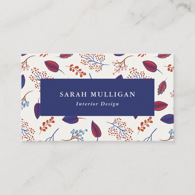 Blue & Burgundy Nature Leaves Pattern Business Card (Front)
