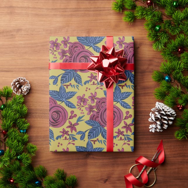 Blue Burgundy Rose Gold Watercolor Hand drawn Wrapping Paper (Holiday Gift)