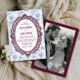 Blue Burgundy Vintage Lace Monogram Photo Wedding Invitation