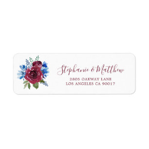 Blue Burgundy Watercolor Floral Wedding Address