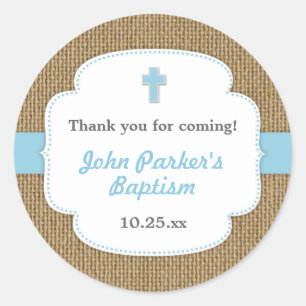 Blue Burlap cross boy baptism favour sticker