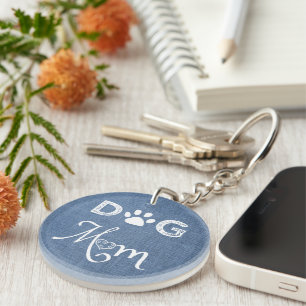Blue Burlap Dog Mom Keychain