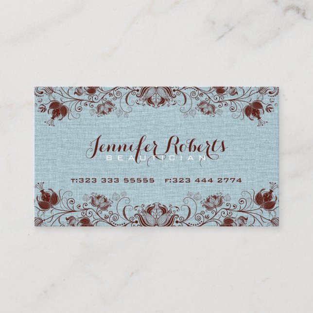 Blue Burlap Linen & Brown Floral & Lace 2 Business Card (Front)
