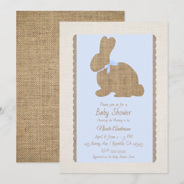 Blue & Burlap Rustic Bunny Easter Baby Shower Invitation (Front/Back)