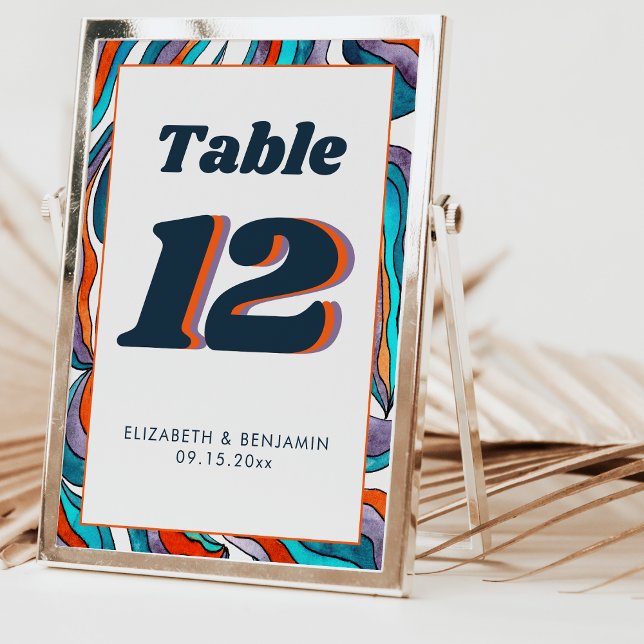 Blue Burnt Orange Wavy Modern Retro Groovy Wedding Table Number (Front and Back)