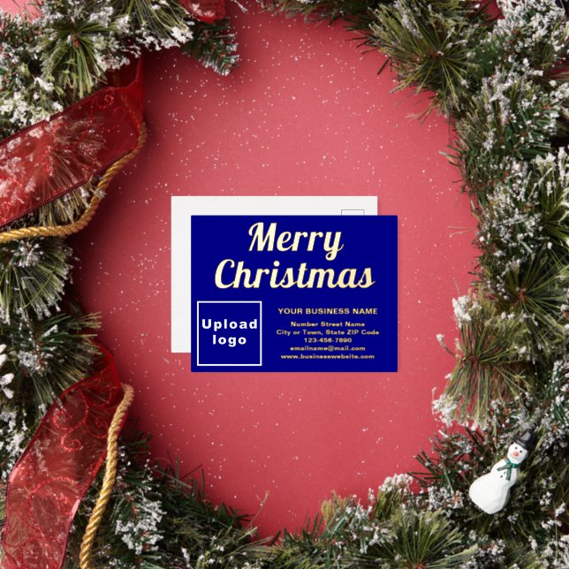 Blue Business Brand on Christmas Foil Holiday Postcard (Insitu)