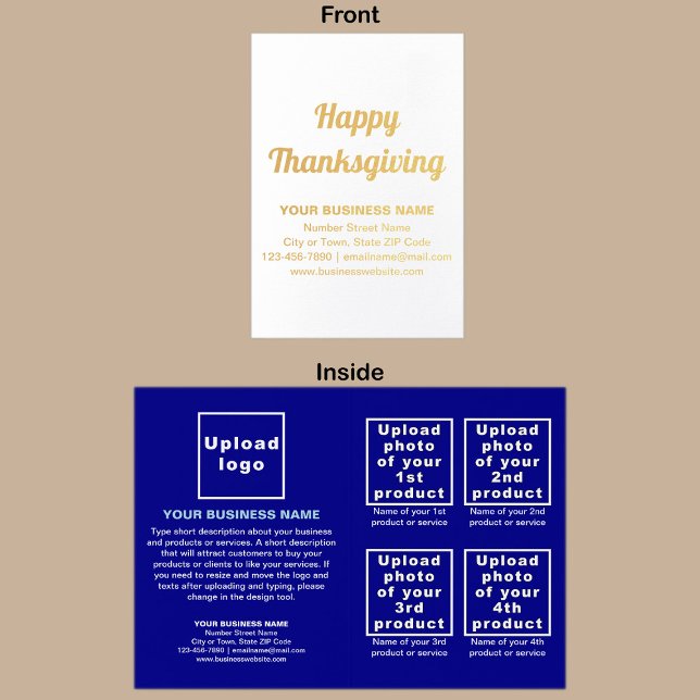 Blue Business Brand on Thanksgiving Foil Card (Blue business brand with products or services on Thanksgiving folded foil card.)
