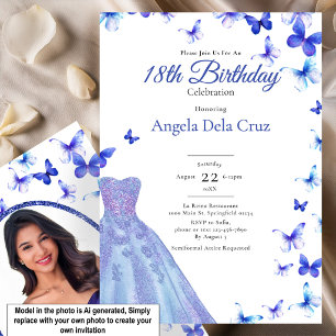 Blue Butterflies And Dress 18th Birthday Debut Invitation