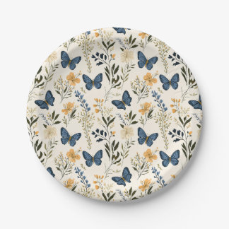 Blue Butterflies and greenery Paper Plate