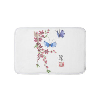 blue butterflies and pink flowers bath mat