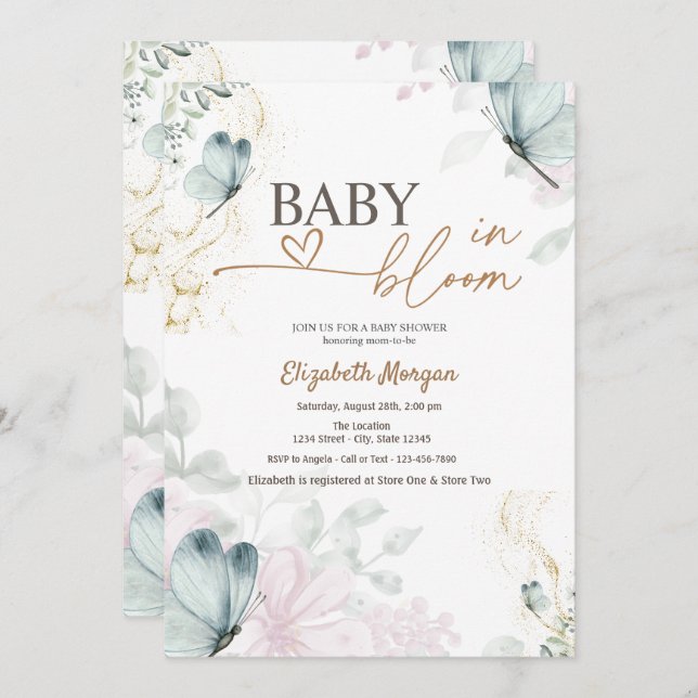 Blue Butterflies Baby in Bloom  Invitation (Front/Back)