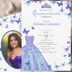 Blue Butterflies Dress Tiara Photo Quinceanera Invitation