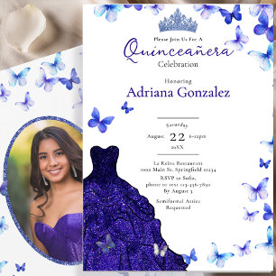 Blue Butterflies Dress Tiara Photo Quinceanera Invitation